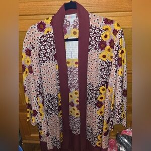 LuLaRoe Burgundy and Yellow Floral Kimono Aurora Size Large
